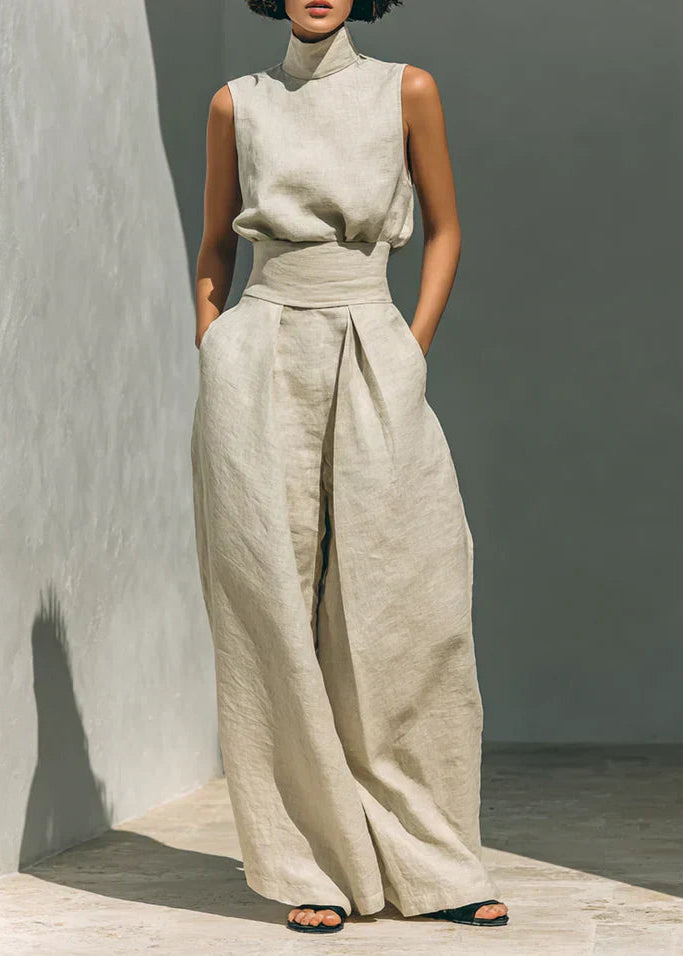 Flor™ | Completo minimalista di canotta e pantaloni a gamba larga in cotone e lino per donna