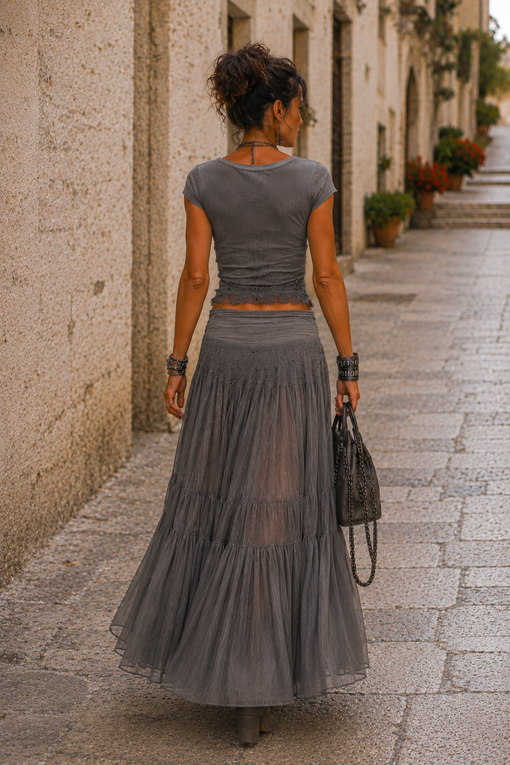 Completo boho chic con gonna lunga