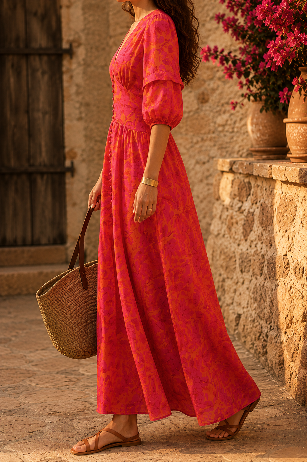 Abito lungo resort chic rosa e arancio