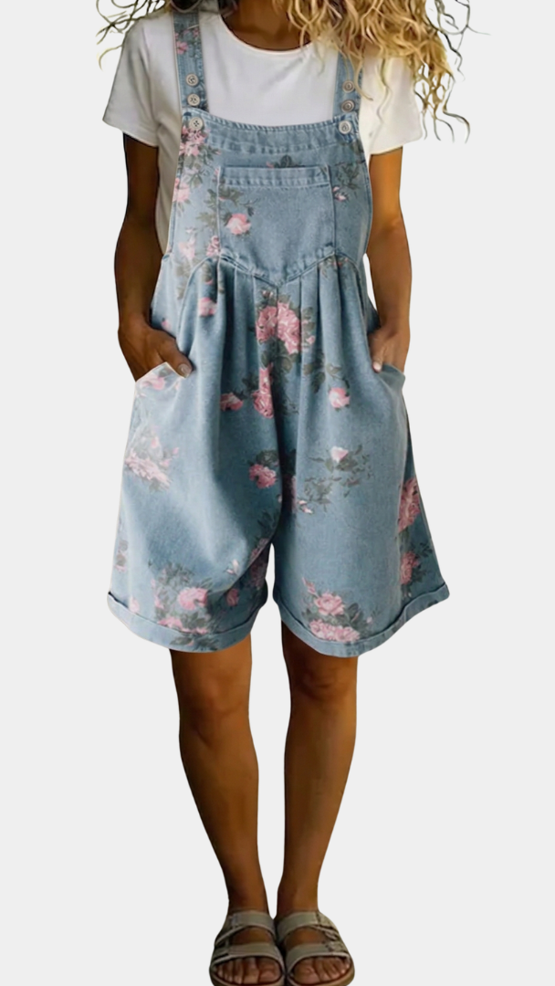 Judy | Denim Lavato Vintage con Sensazione di Cotone Morbido Salopette Floreale