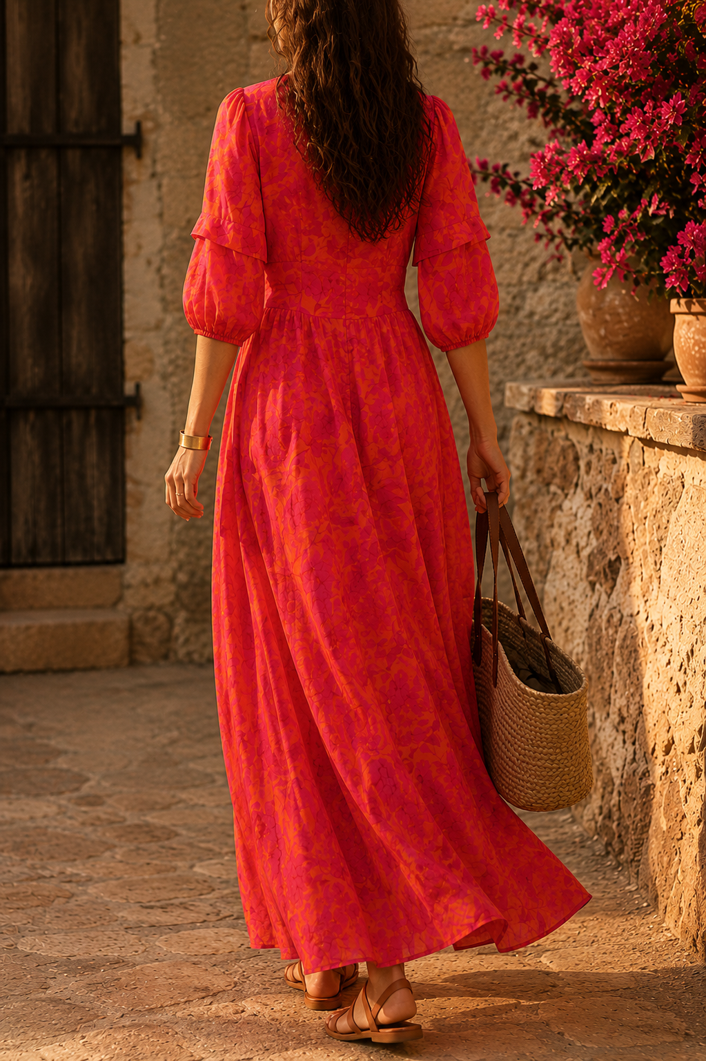 Abito lungo resort chic rosa e arancio