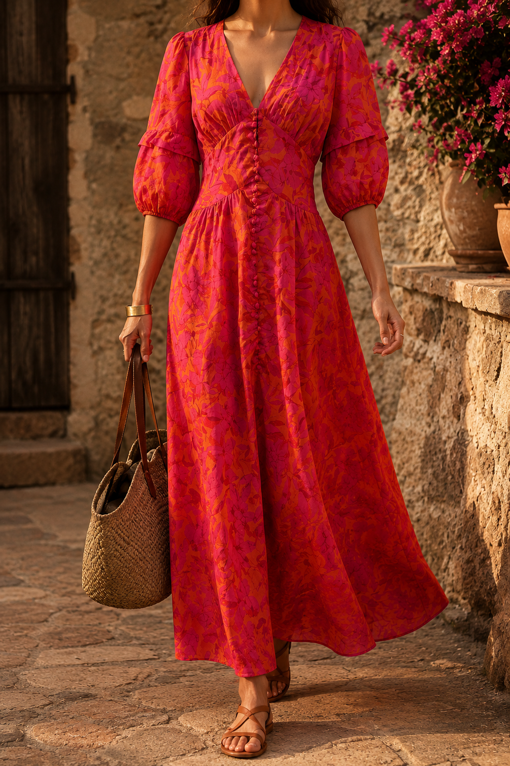 Abito lungo resort chic rosa e arancio