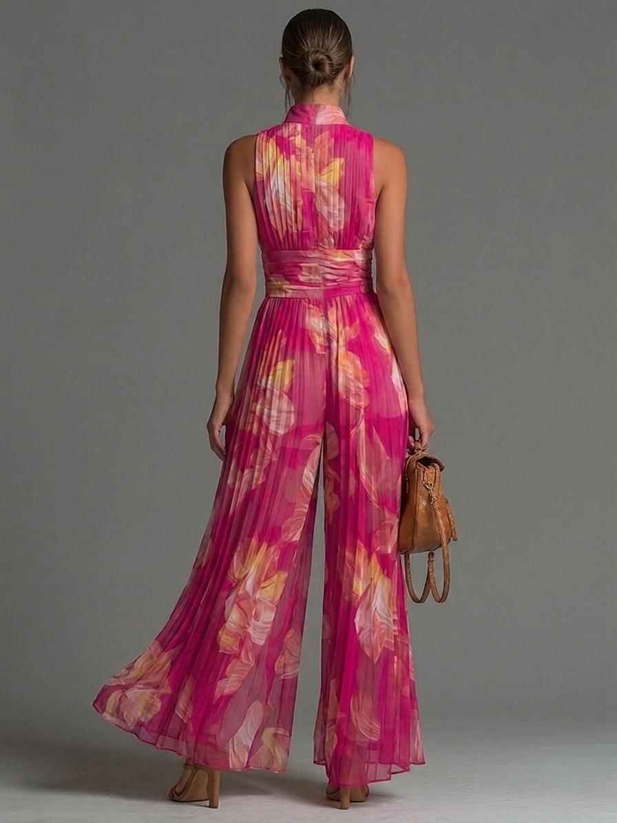 Nicole | Tuta plissettata in mussola con stampa floreale fucsia