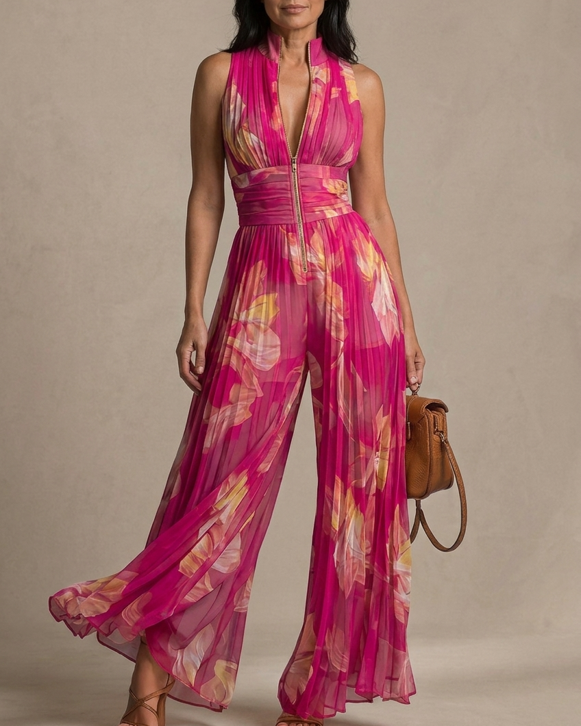 Nicole | Tuta plissettata in mussola con stampa floreale fucsia